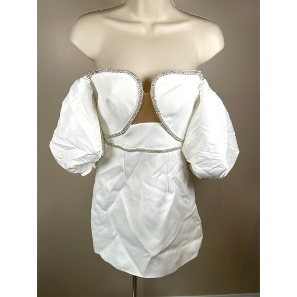 Self-Portrait Bonded Crepe Puff Sleeve Crystal Embellished White Mini Dress Sz 2 - Picture 5 of 13